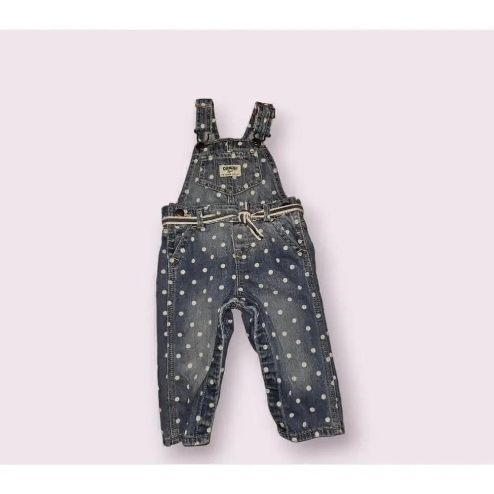 OshKosh B'Gosh Denim Overalls Baby size 12 Months Polka Dots Blue